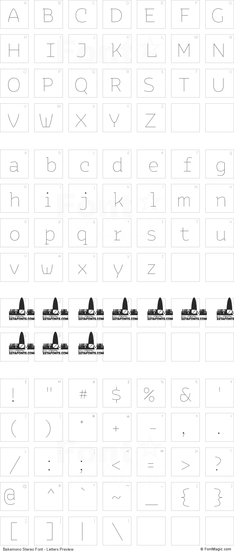 Bakemono Stereo Font - All Latters Preview Chart