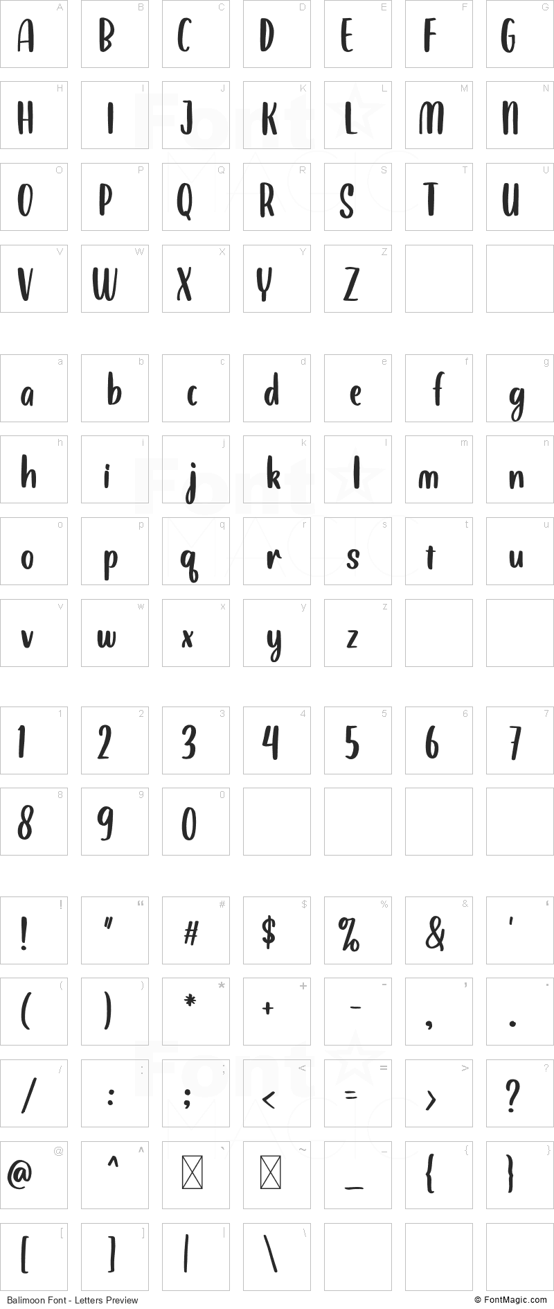 Balimoon Font - All Latters Preview Chart
