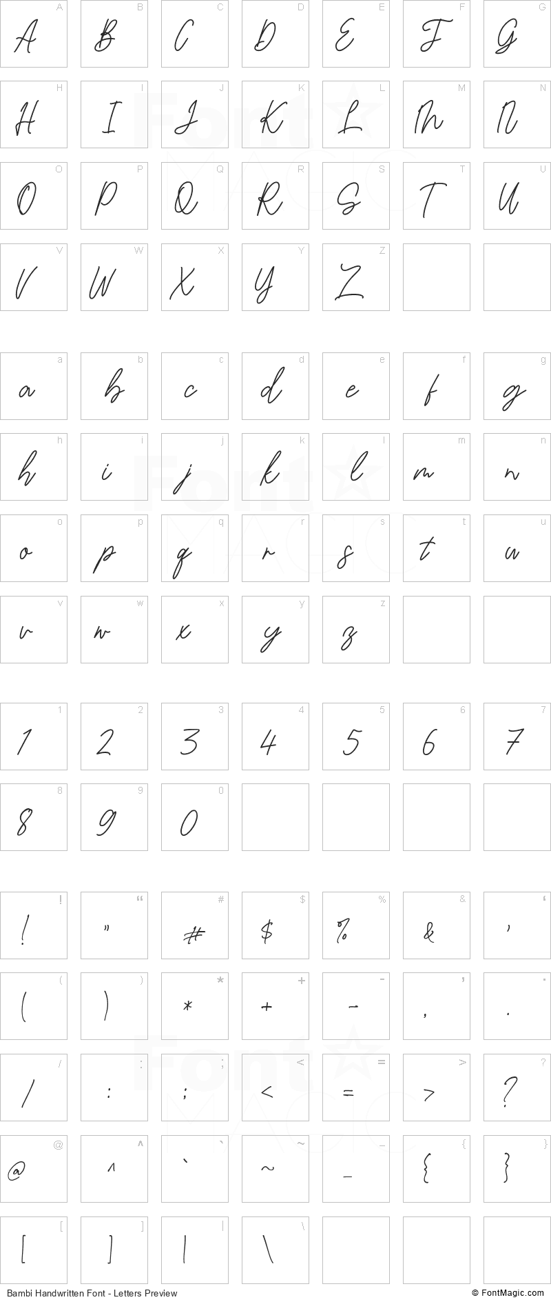 Bambi Handwritten Font - All Latters Preview Chart