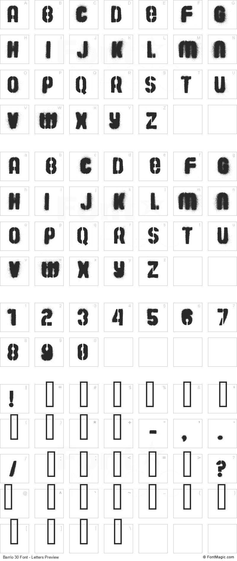 Barrio 30 Font - All Latters Preview Chart