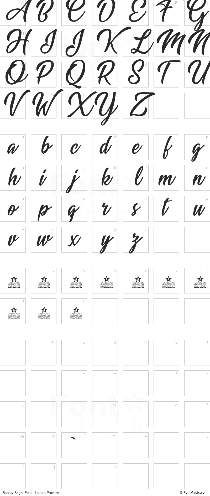 Beauty Bright Font - All Latters Preview Chart