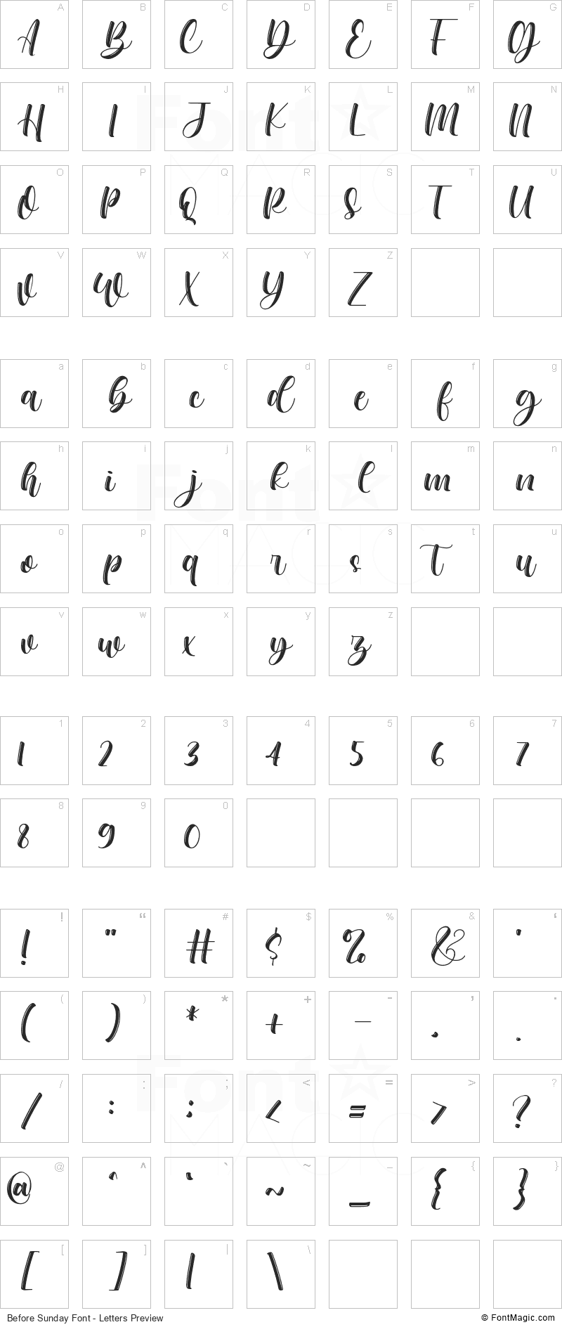 Before Sunday Font - All Latters Preview Chart