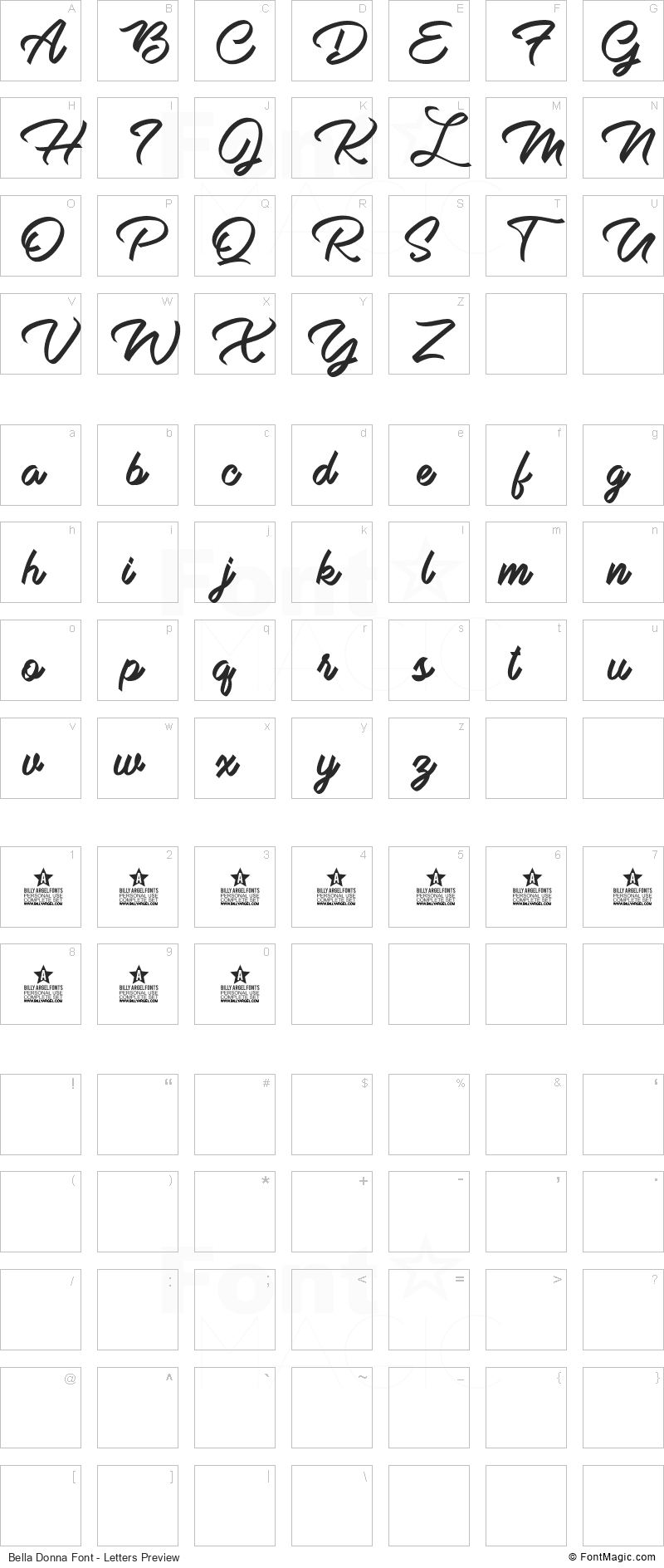 Bella Donna Font - All Latters Preview Chart