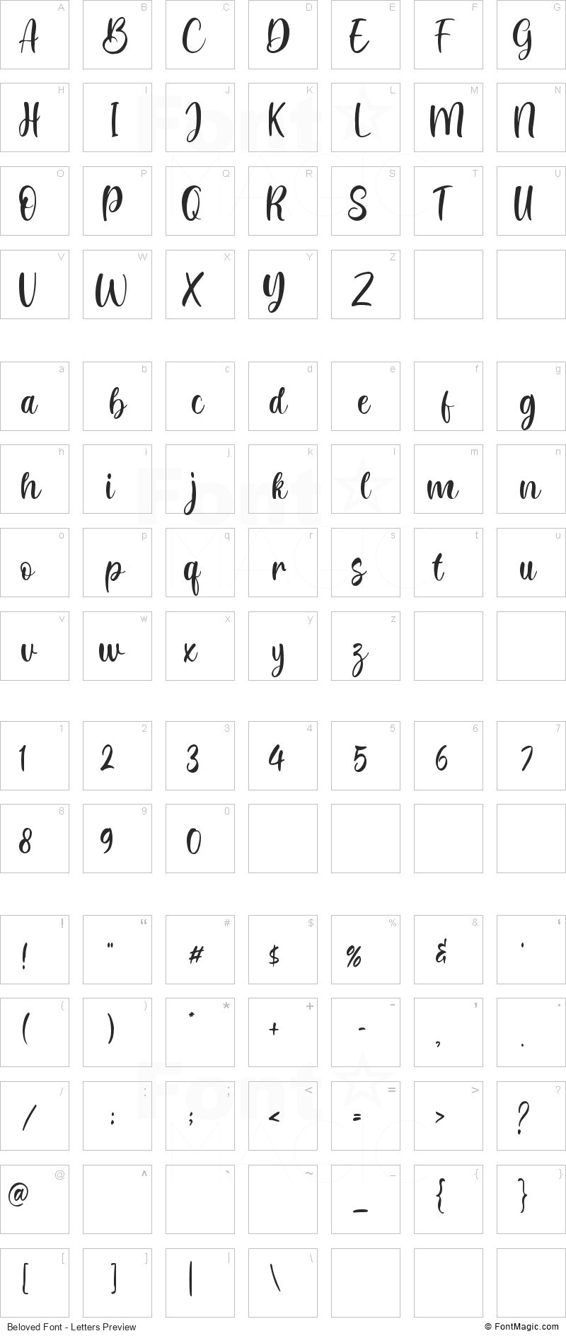 Beloved Font - All Latters Preview Chart