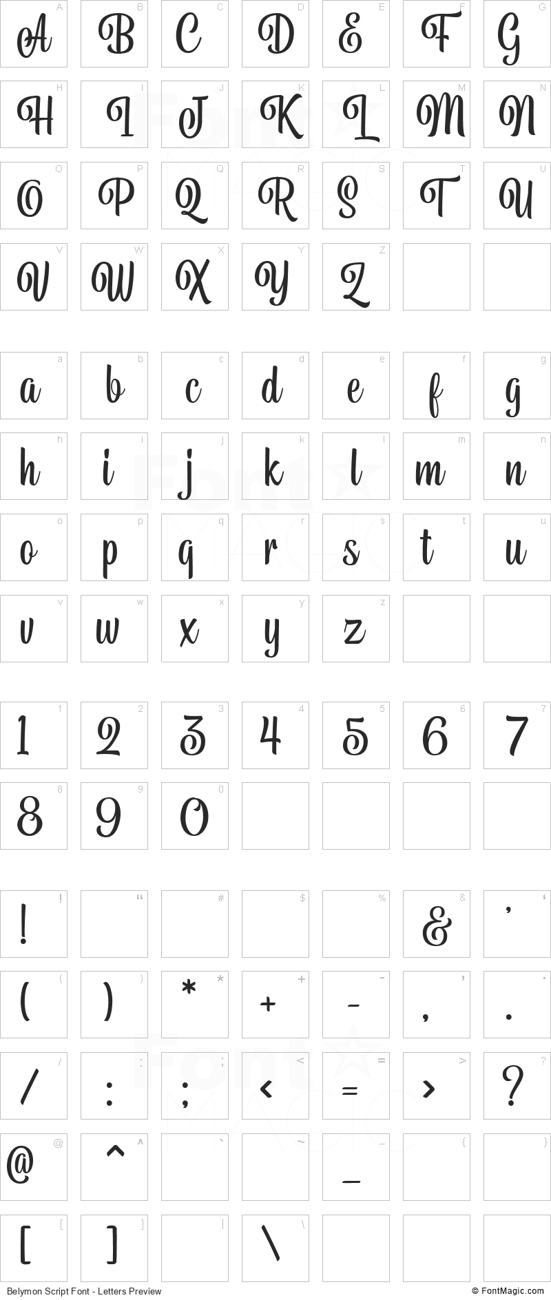 Belymon Script Font - All Latters Preview Chart