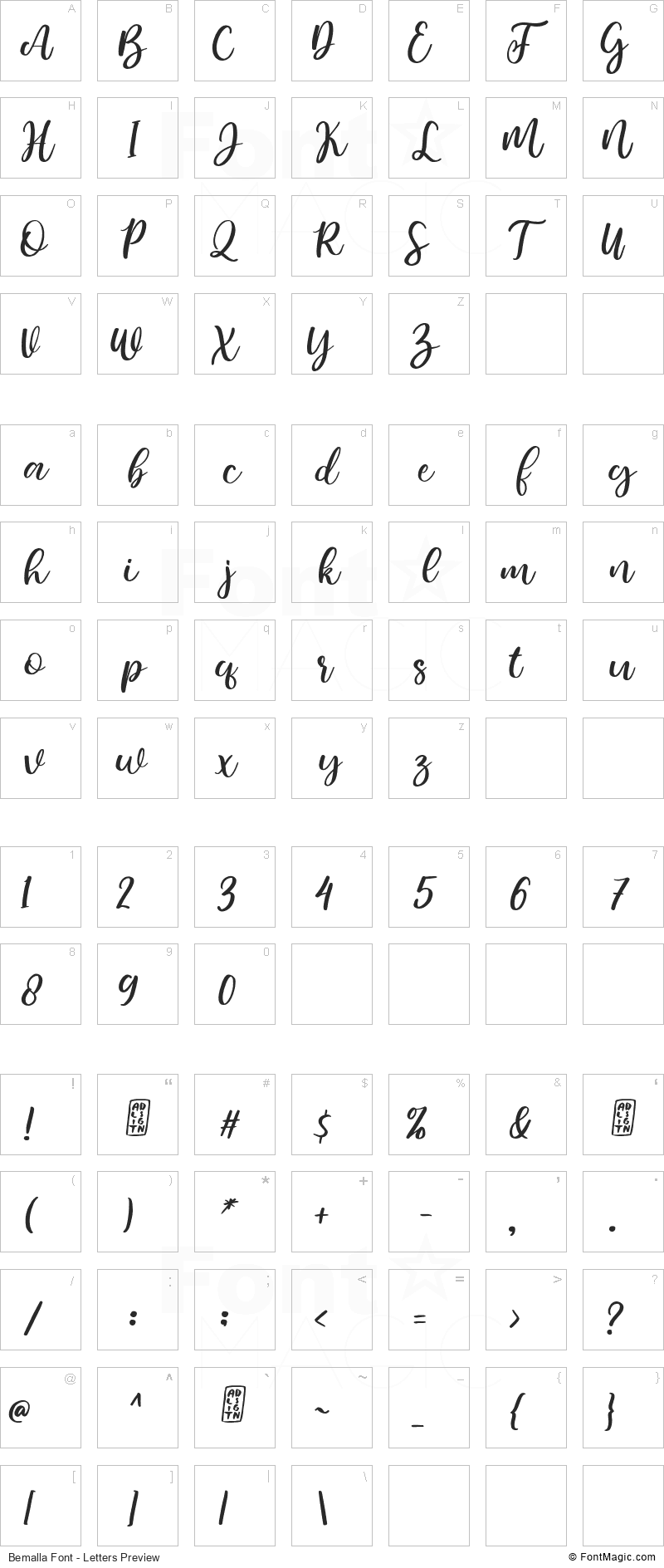Bemalla Font - All Latters Preview Chart