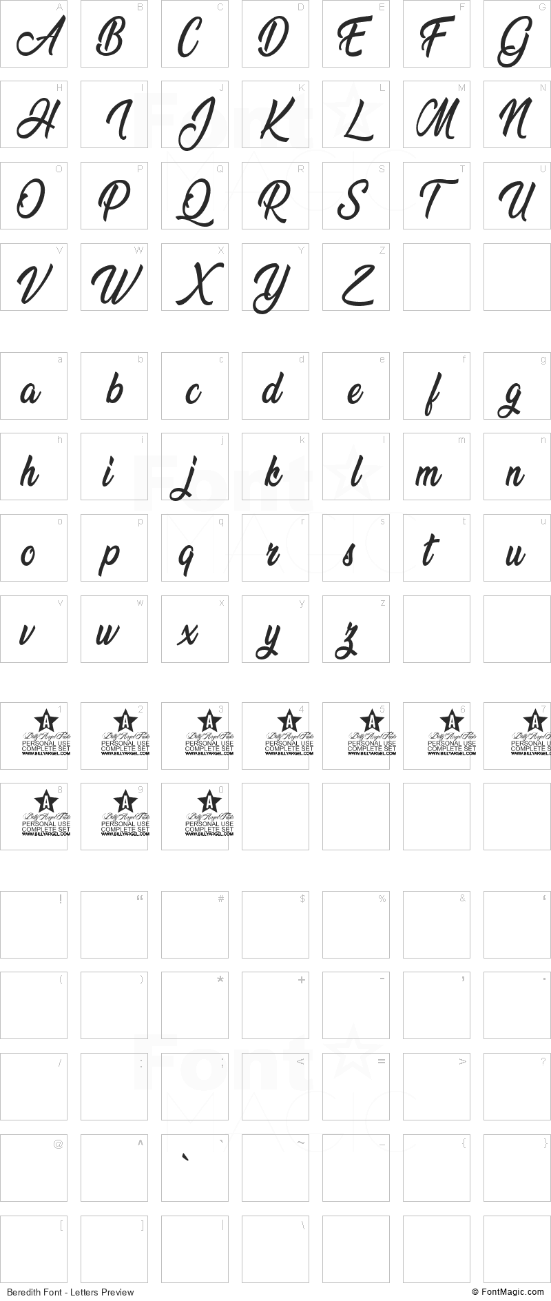 Beredith Font - All Latters Preview Chart