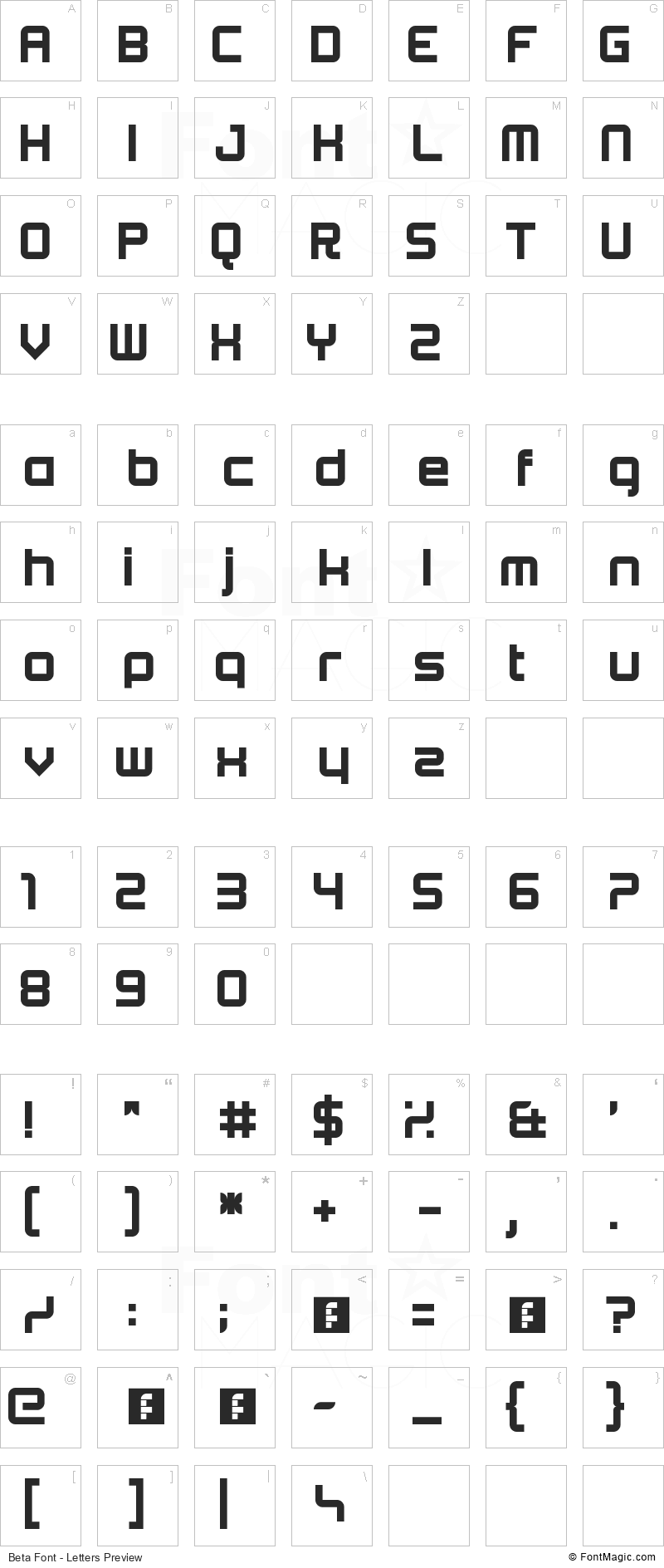 Beta Font - All Latters Preview Chart