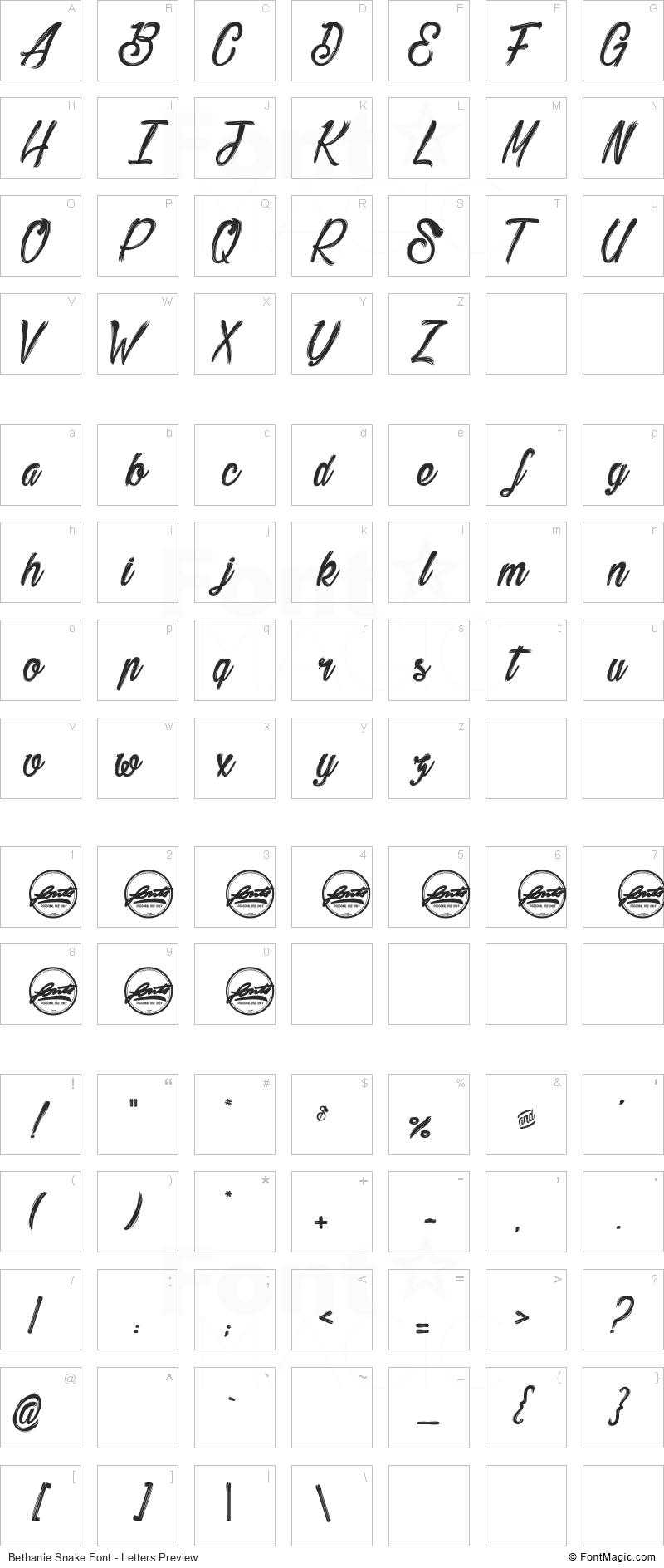 Bethanie Snake Font - All Latters Preview Chart
