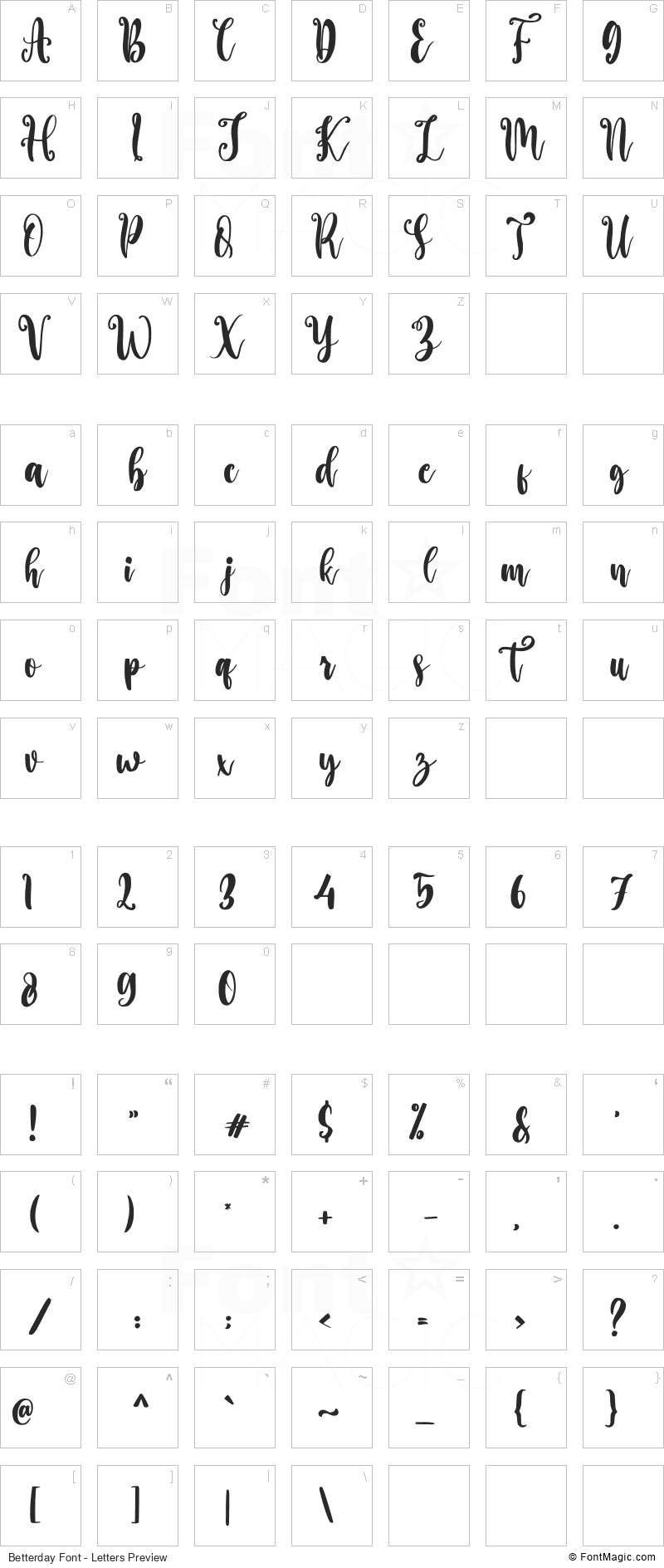 Betterday Font - All Latters Preview Chart