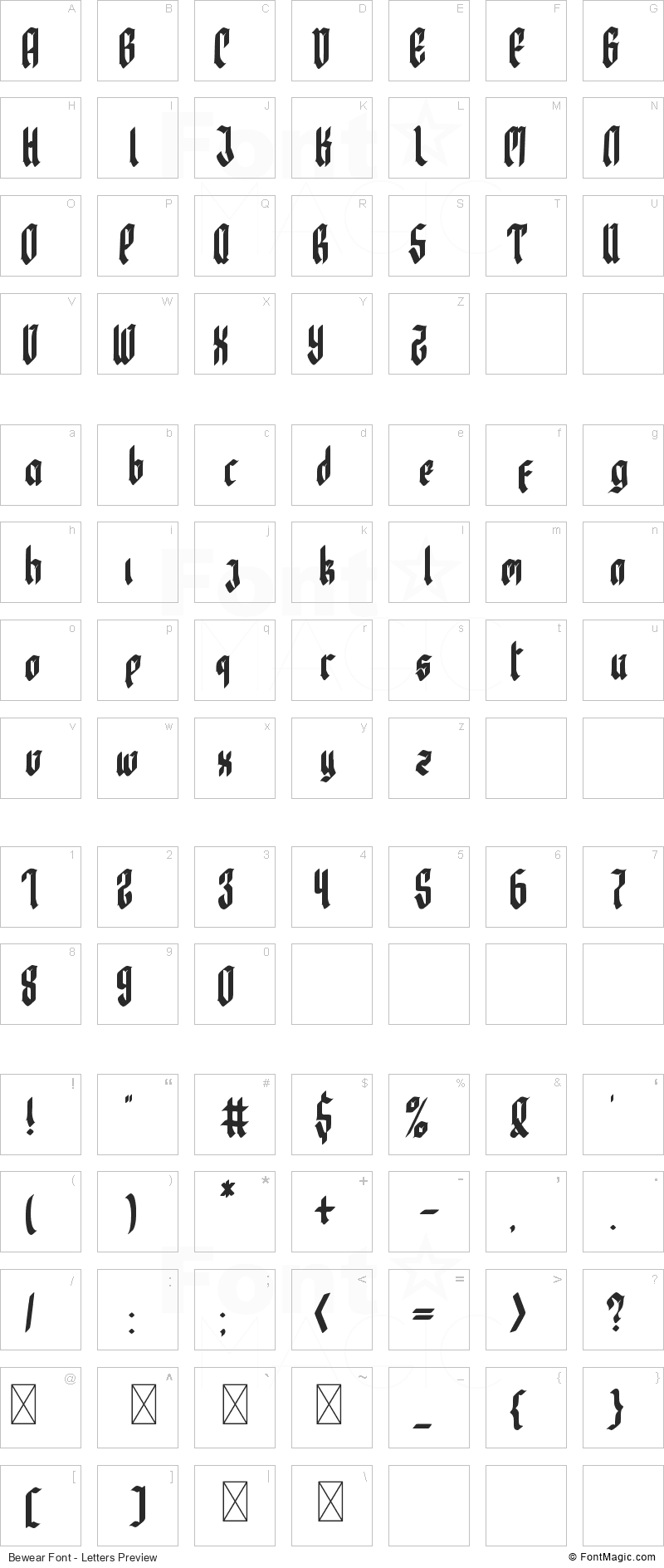 Bewear Font - All Latters Preview Chart