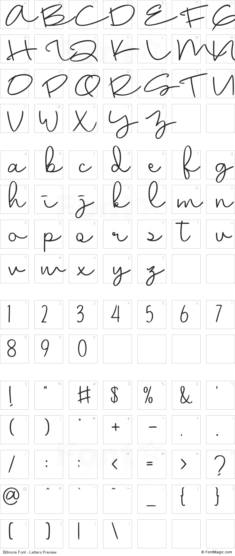 Billmore Font - All Latters Preview Chart