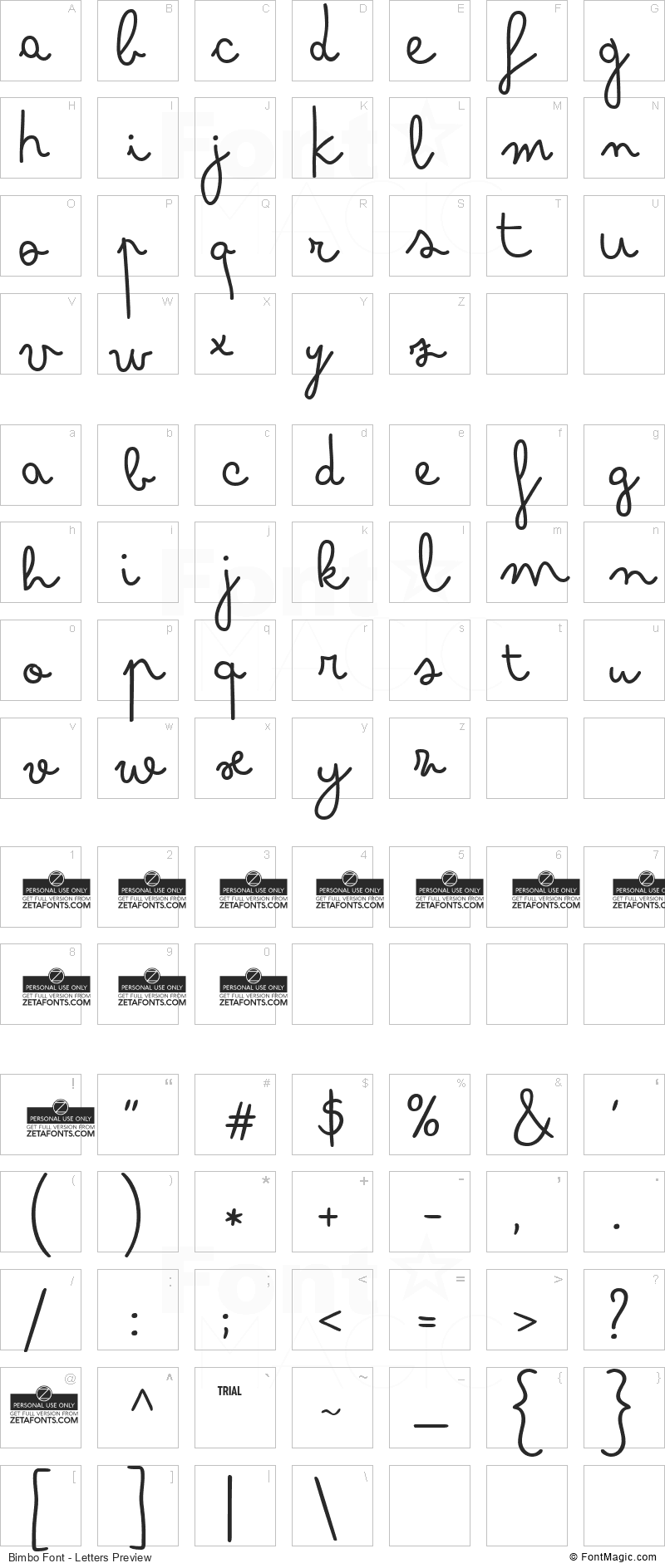 Bimbo Font - All Latters Preview Chart