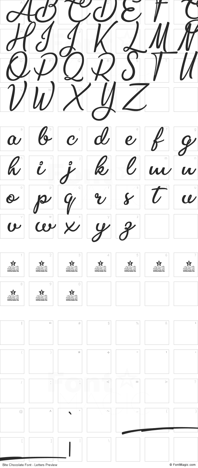 Bite Chocolate Font - All Latters Preview Chart