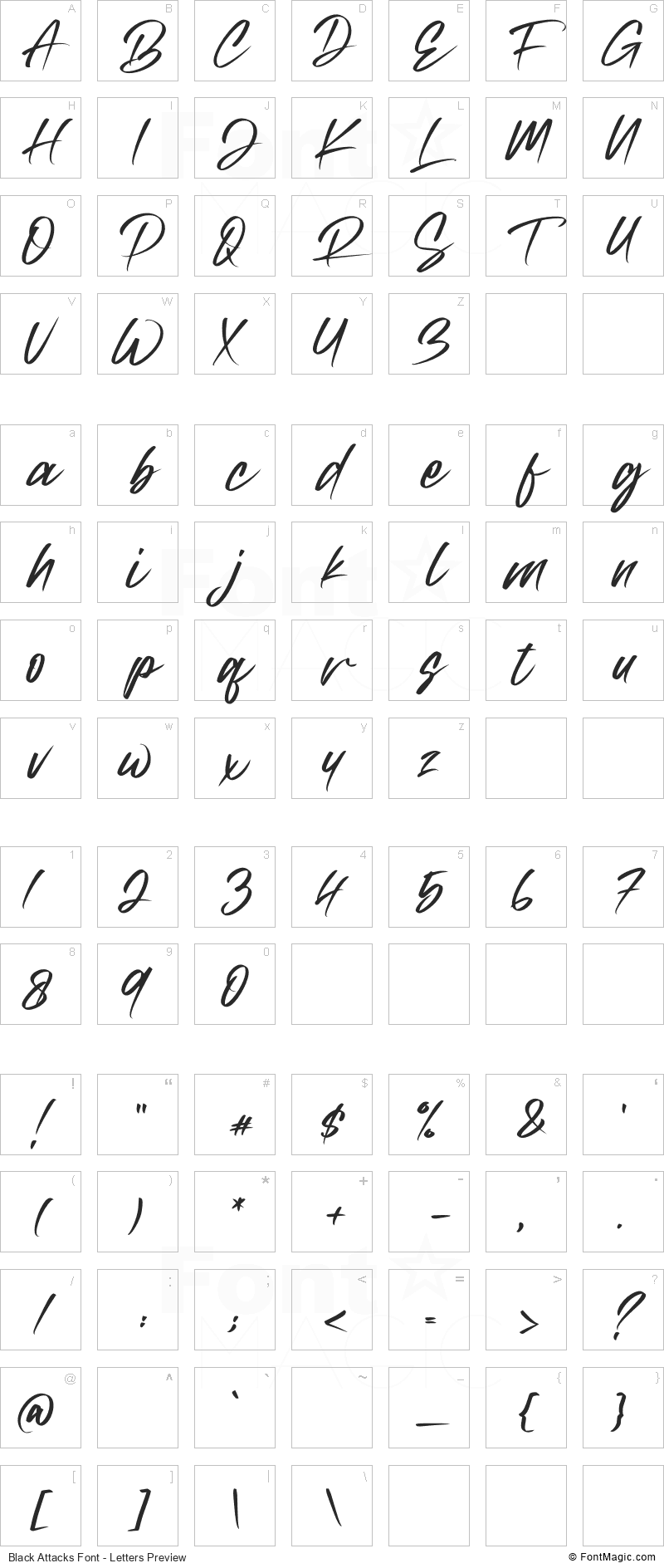 Black Attacks Font - All Latters Preview Chart
