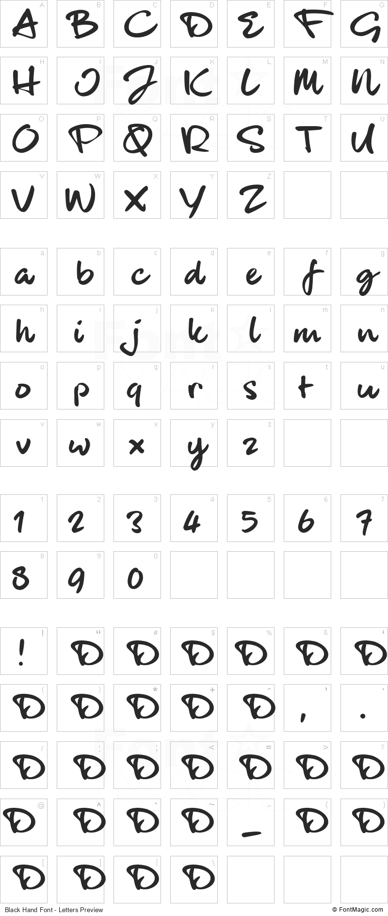 Black Hand Font - All Latters Preview Chart