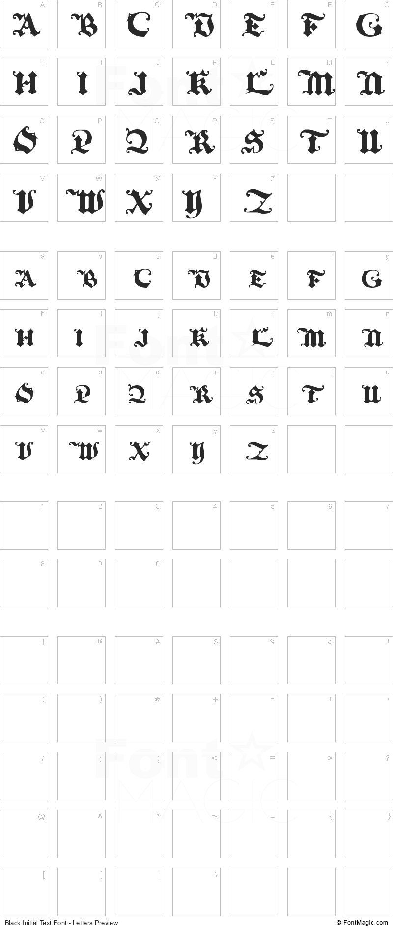 Black Initial Text Font - All Latters Preview Chart