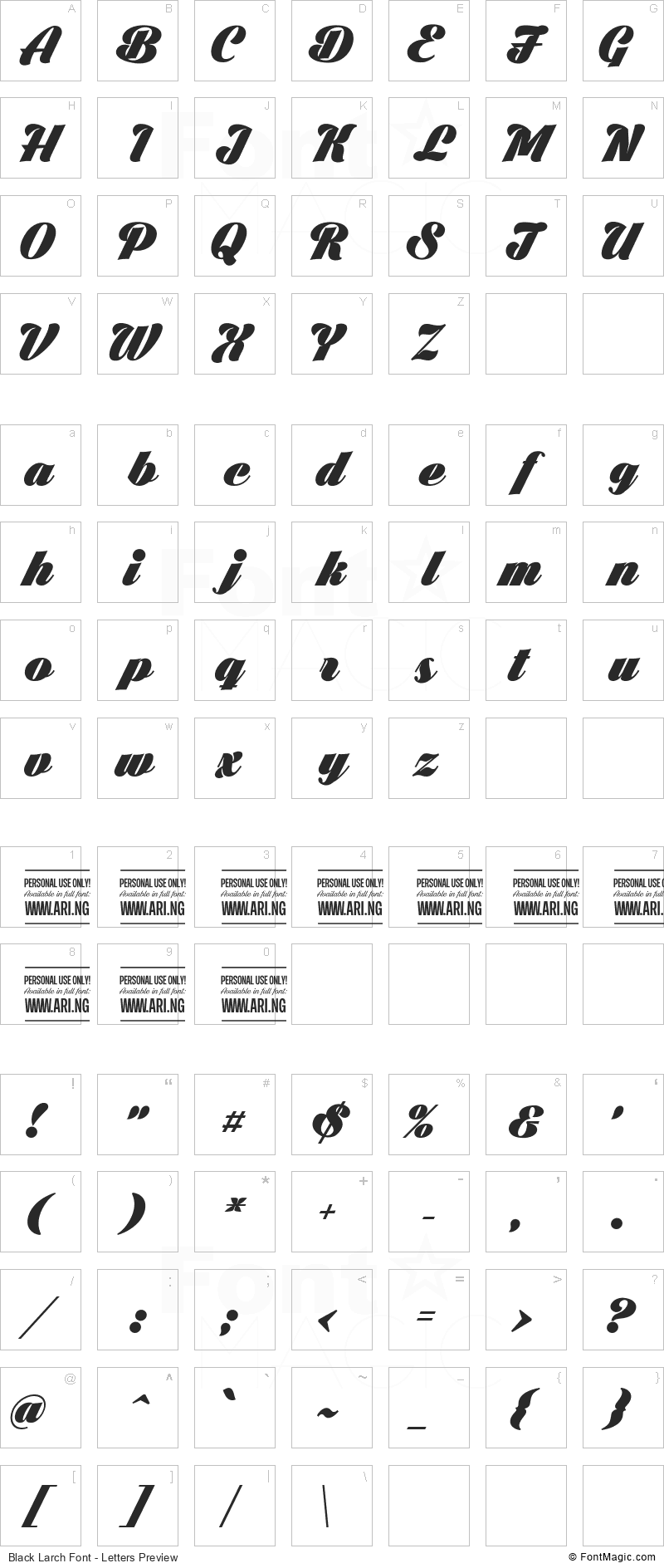Black Larch Font - All Latters Preview Chart