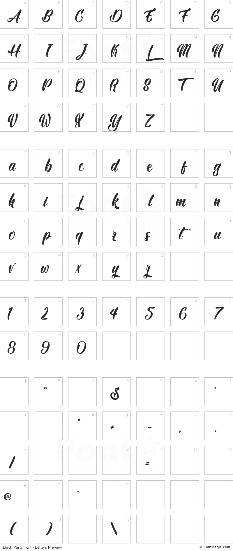 Black Party Font - All Latters Preview Chart