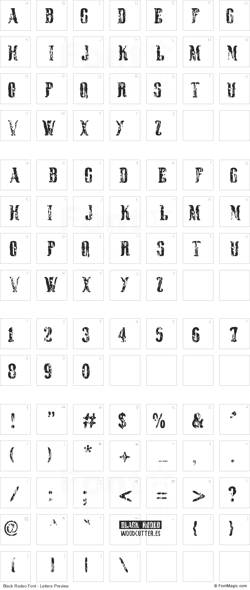 Black Rodeo Font - All Latters Preview Chart
