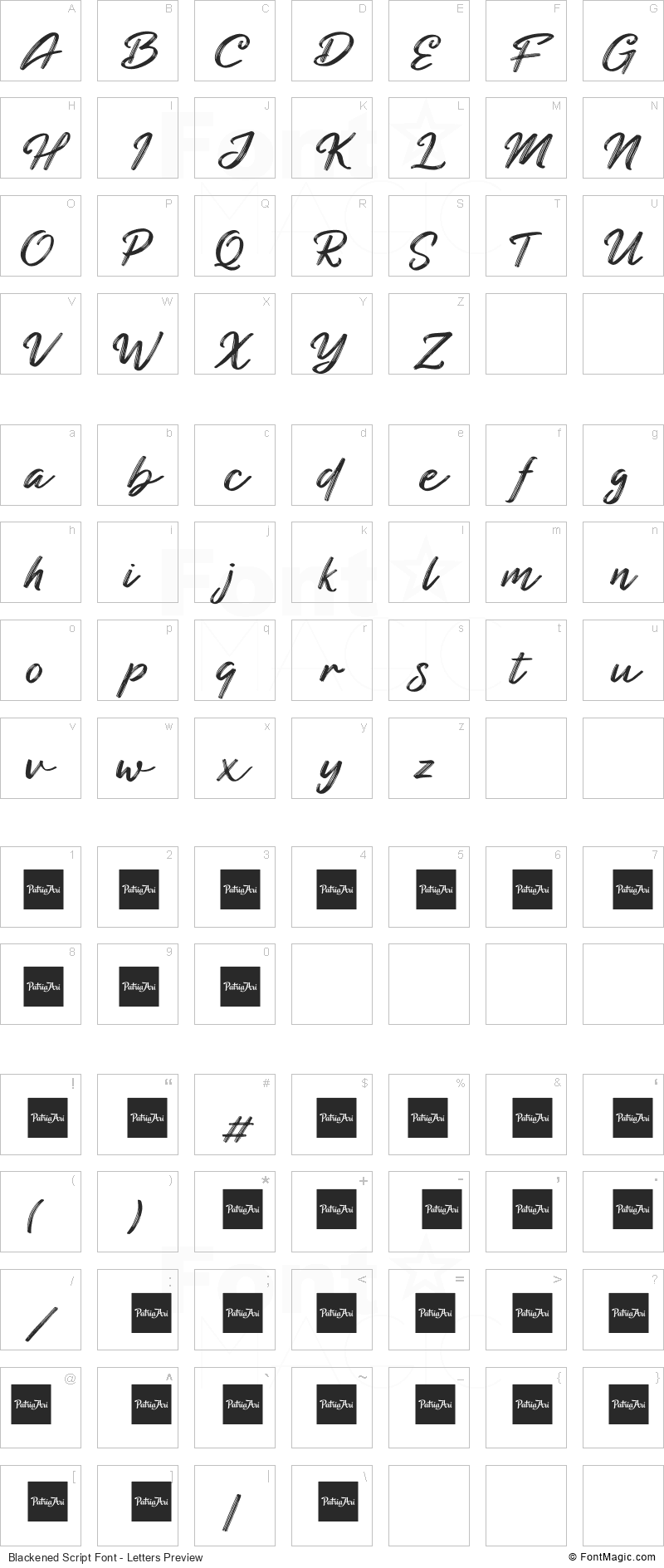 Blackened Script Font - All Latters Preview Chart