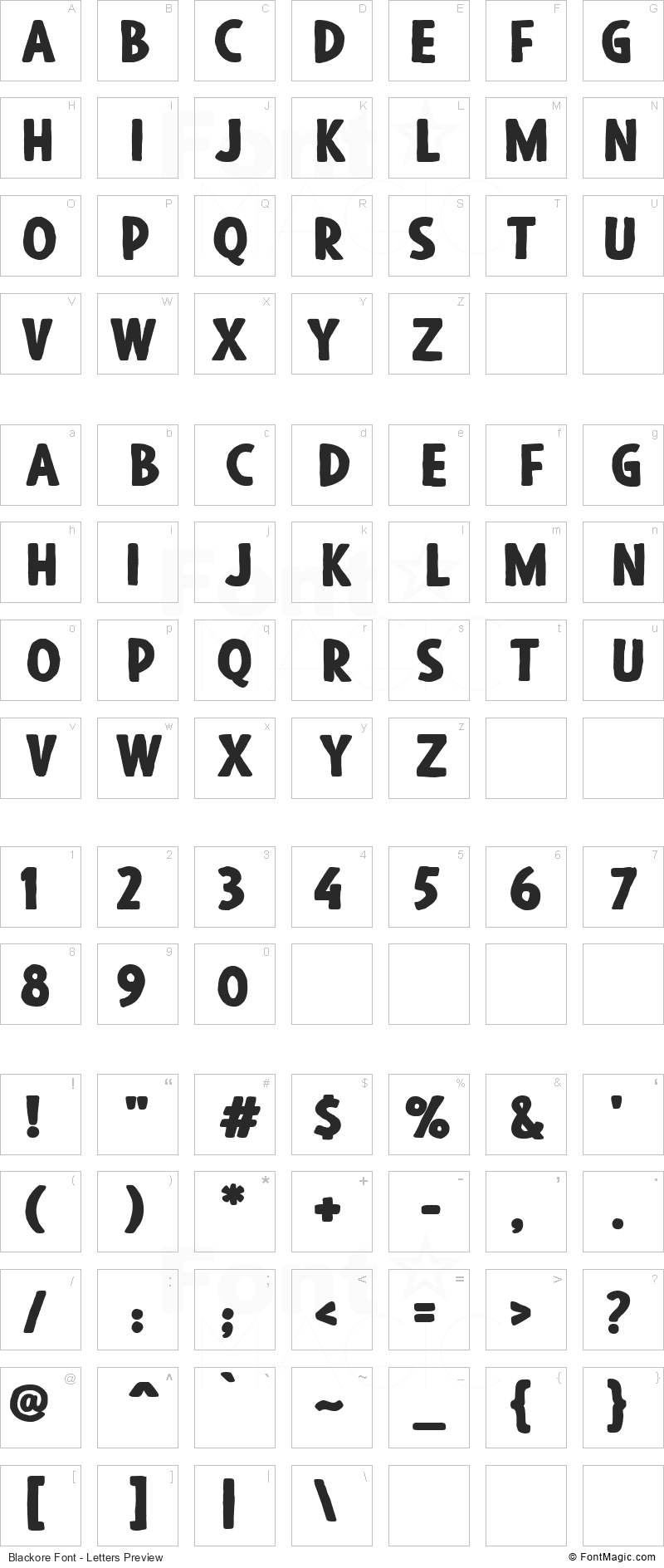 Blackore Font - All Latters Preview Chart