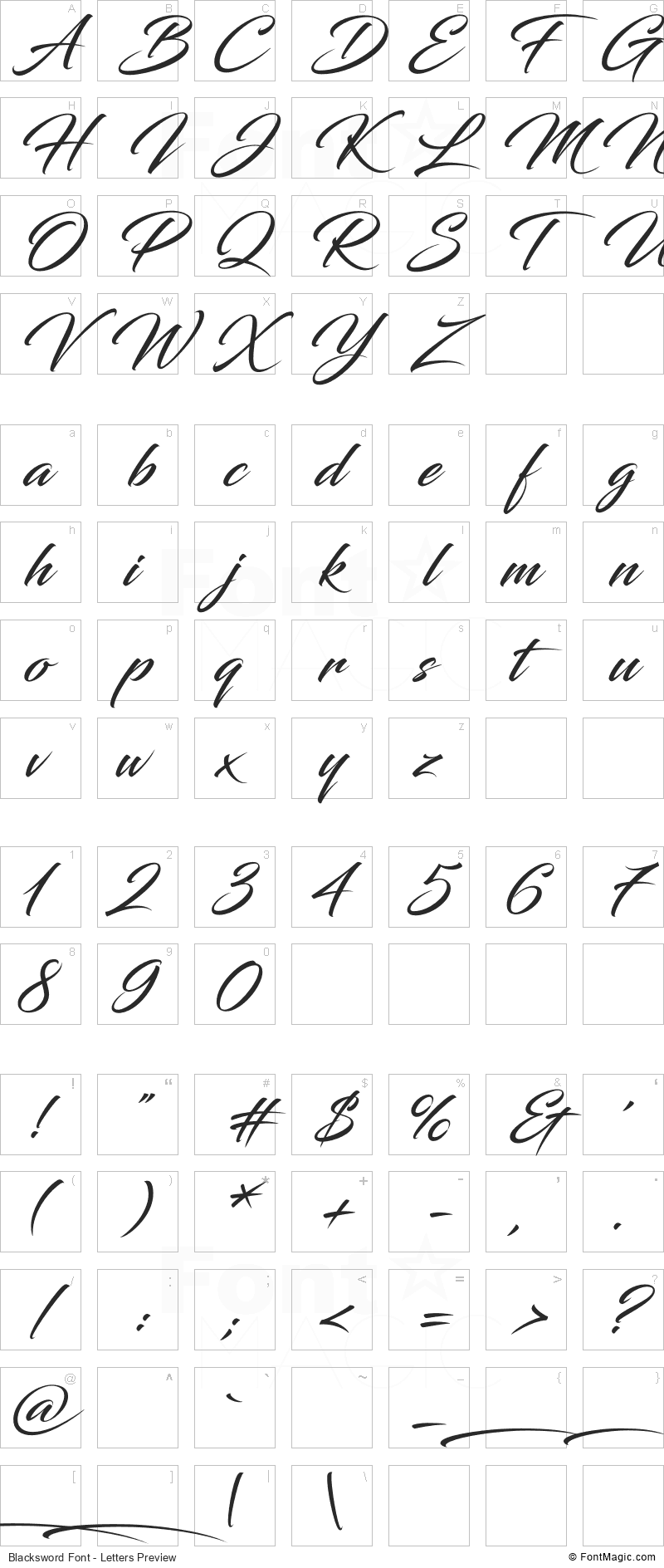 Blacksword Font - All Latters Preview Chart