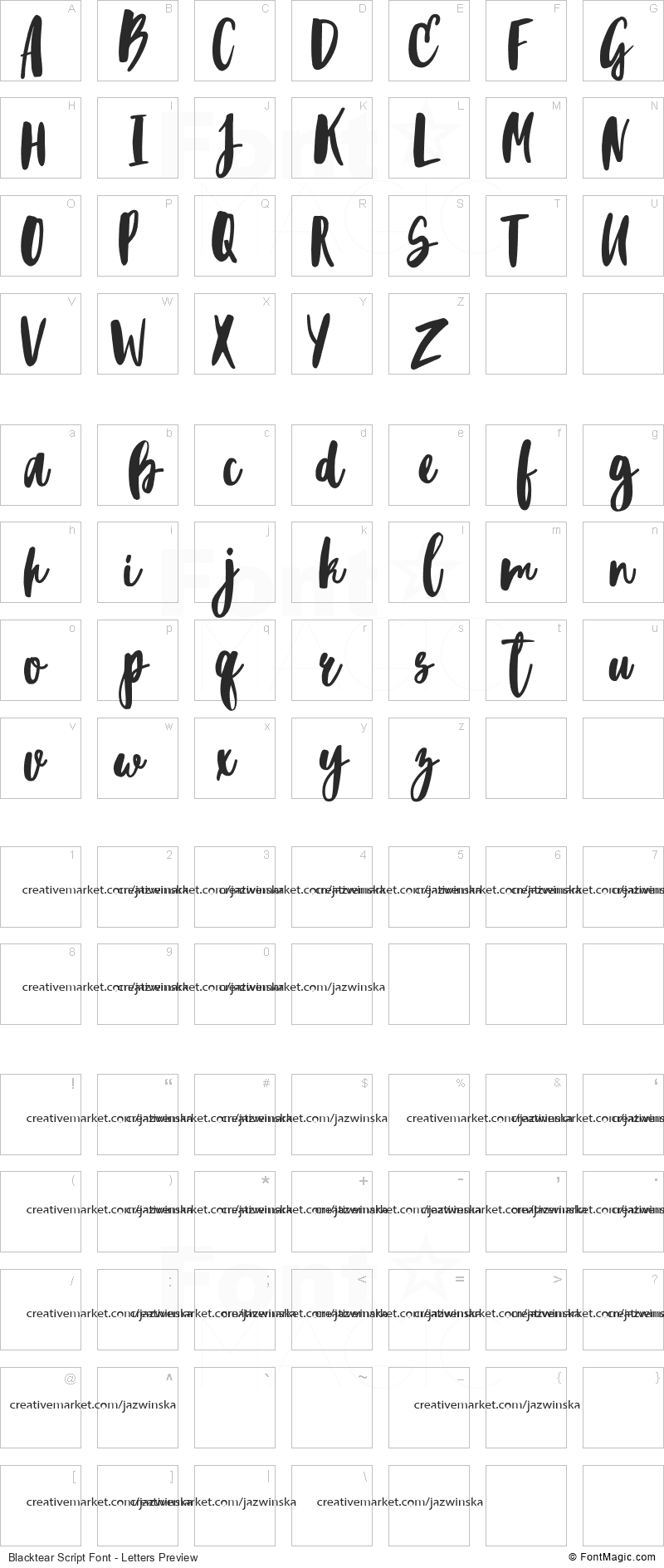 Blacktear Script Font - All Latters Preview Chart