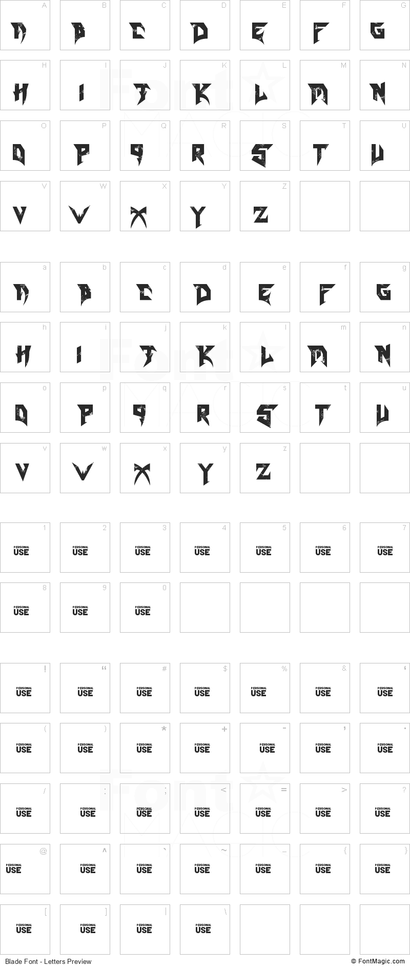 Blade Font - All Latters Preview Chart