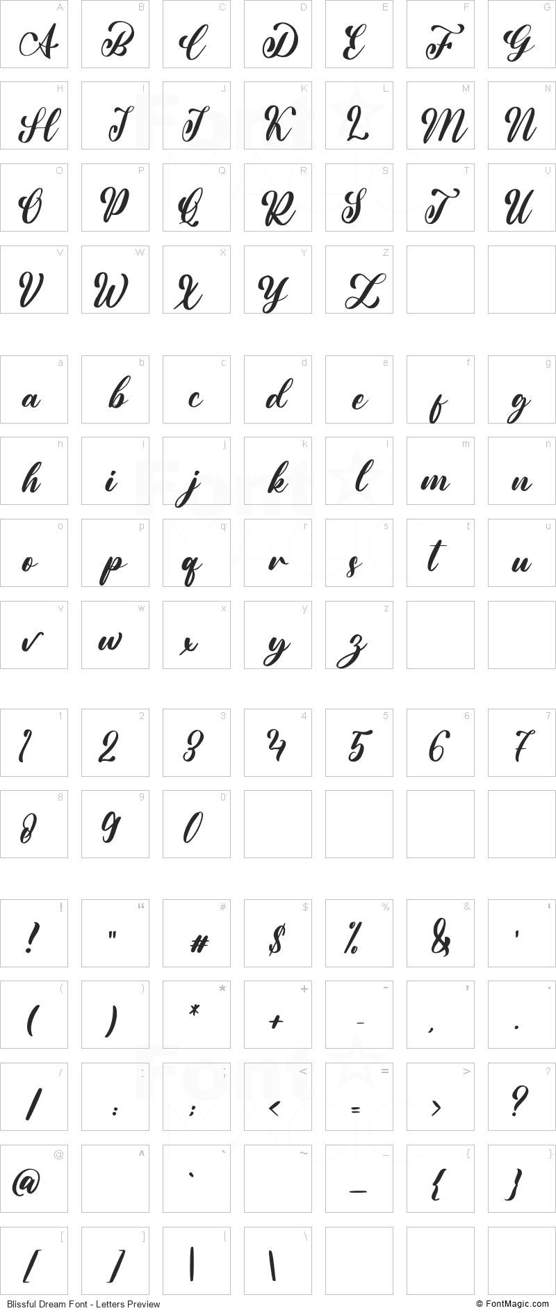 Blissful Dream Font - All Latters Preview Chart