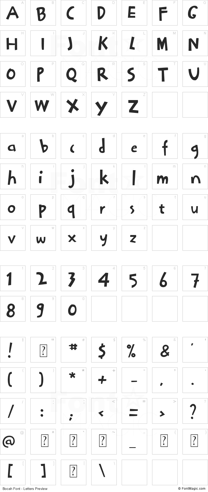 Bocah Font - All Latters Preview Chart