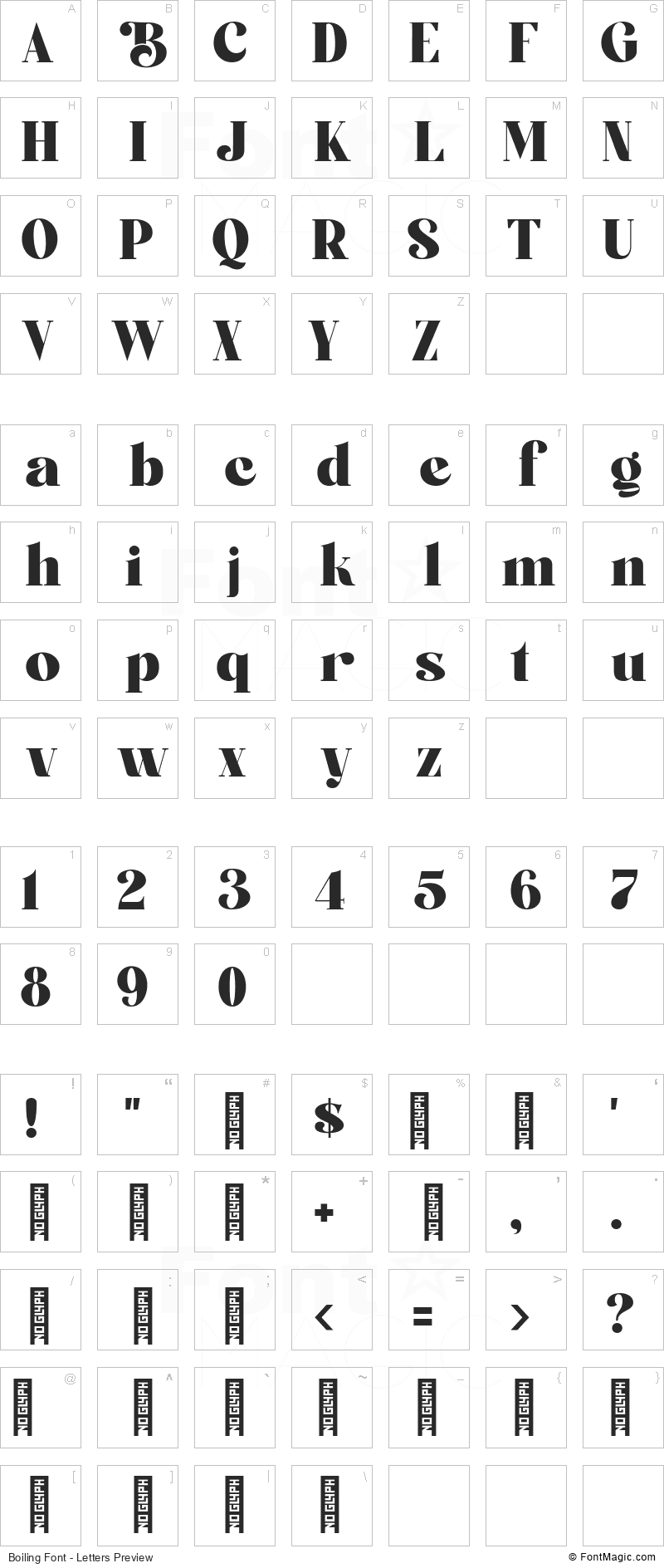 Boiling Font - All Latters Preview Chart