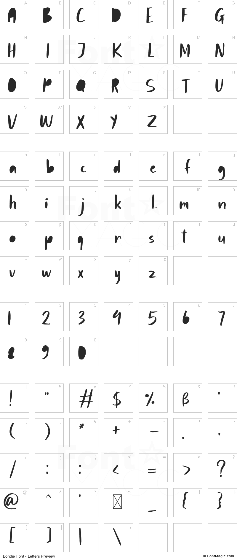 Bondie Font - All Latters Preview Chart