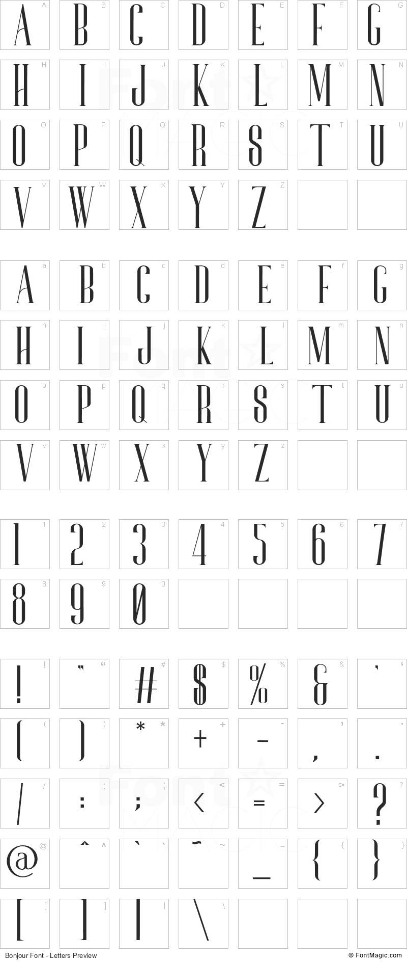 Bonjour Font - All Latters Preview Chart