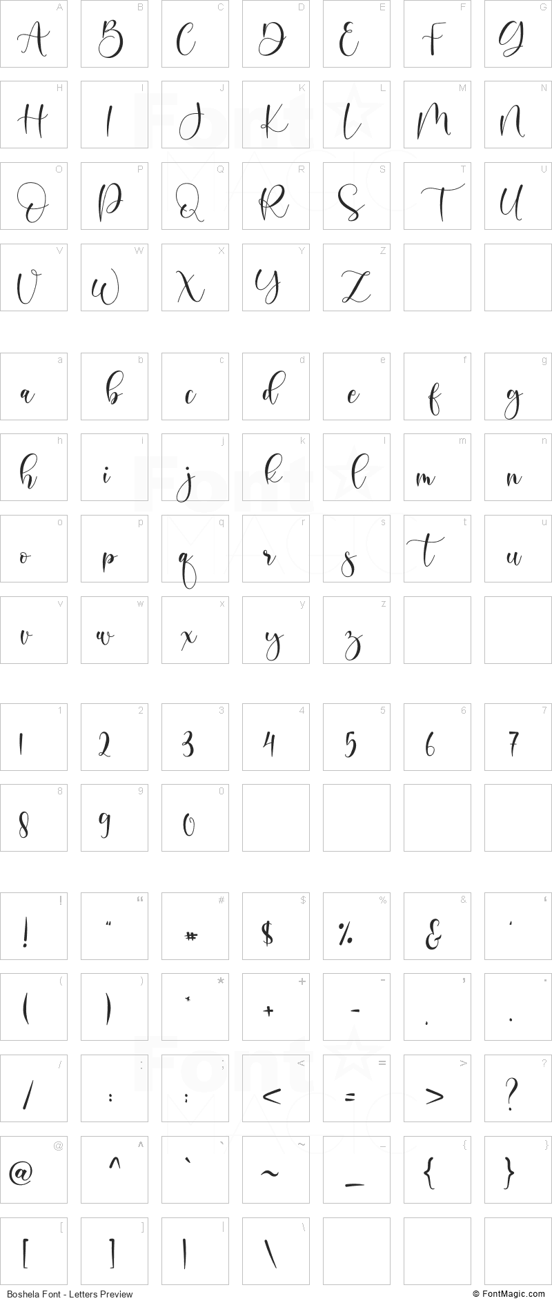 Boshela Font - All Latters Preview Chart