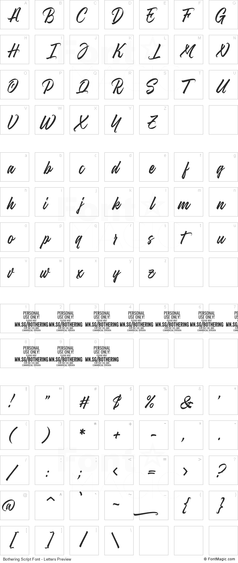 Bothering Script Font - All Latters Preview Chart