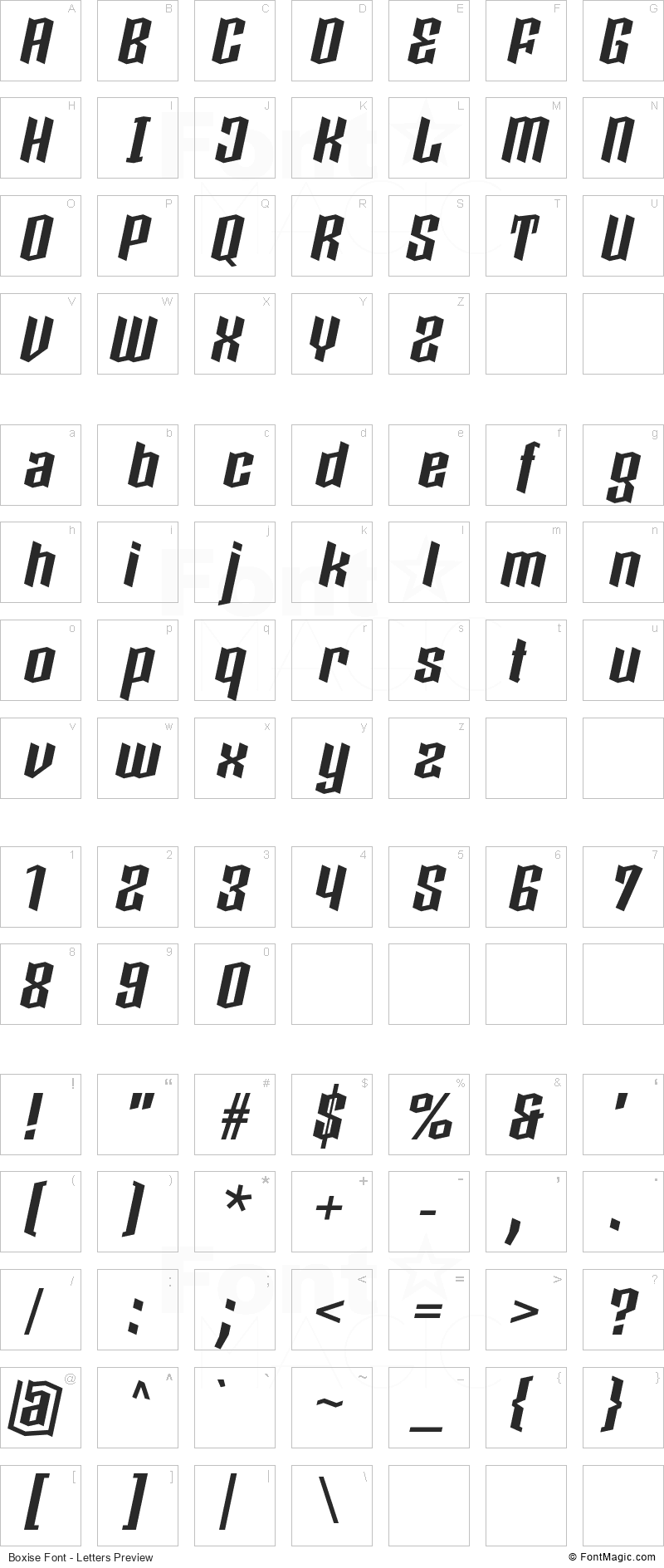 Boxise Font - All Latters Preview Chart