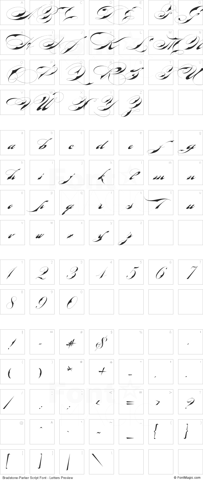 Bradstone-Parker Script Font - All Latters Preview Chart