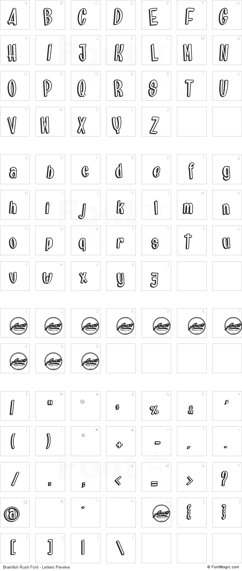 Brainfish Rush Font - All Latters Preview Chart