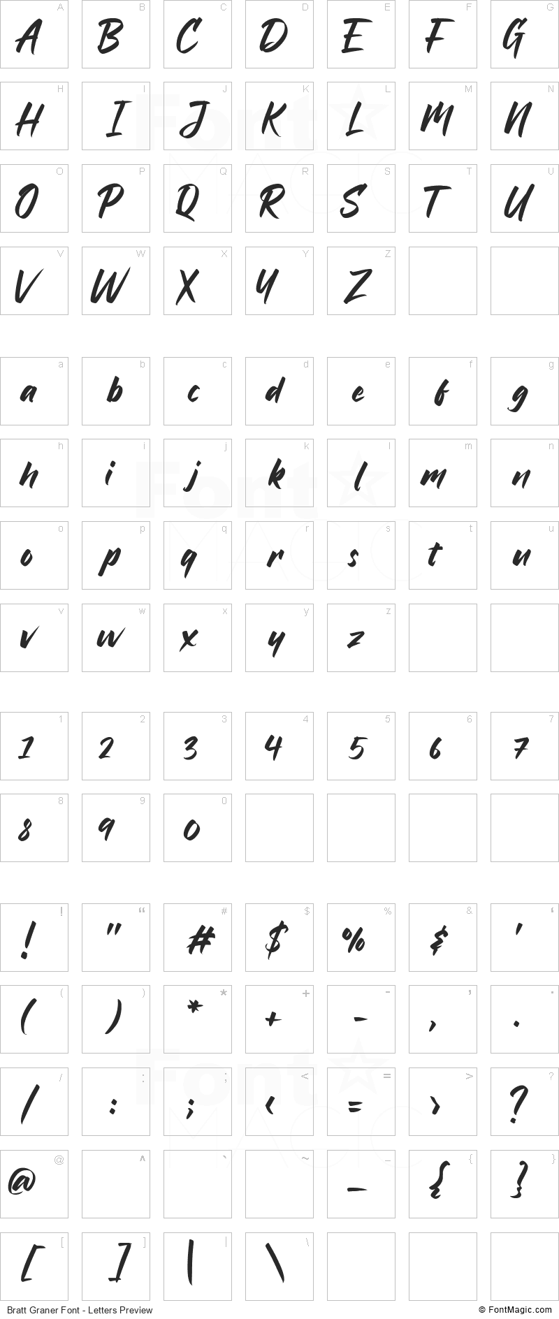 Bratt Graner Font - All Latters Preview Chart