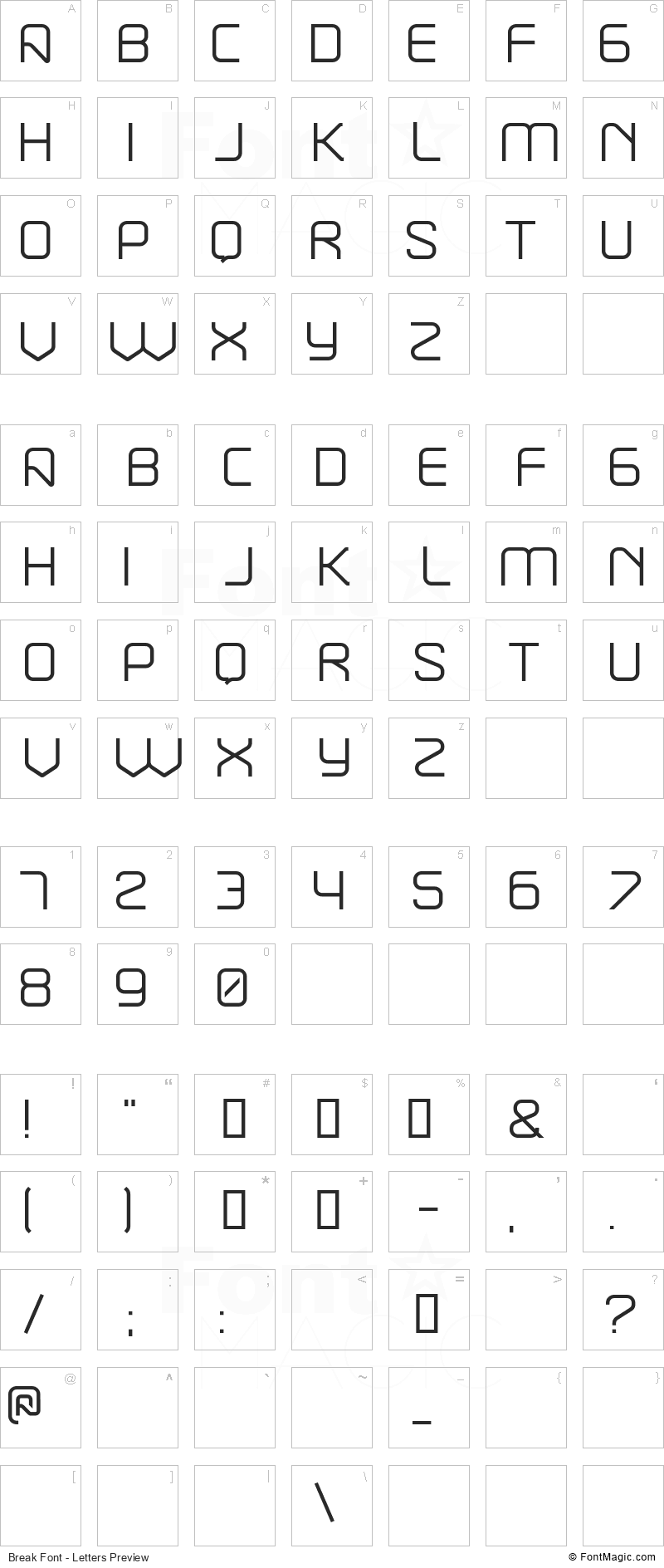 Break Font - All Latters Preview Chart
