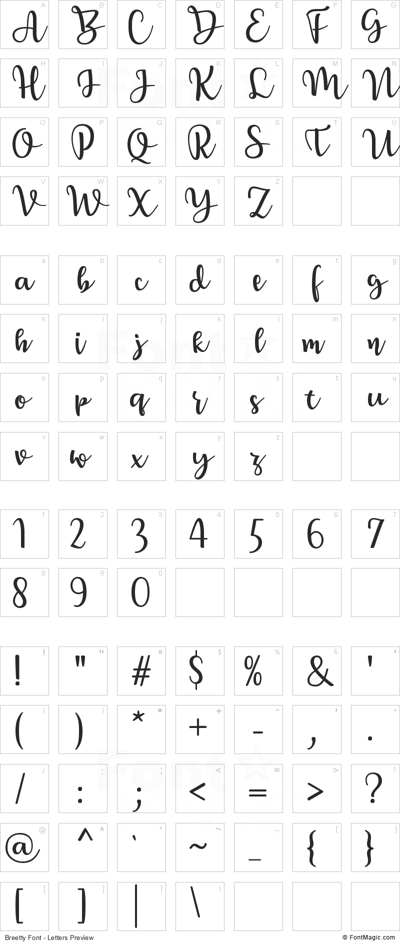 Breetty Font - All Latters Preview Chart