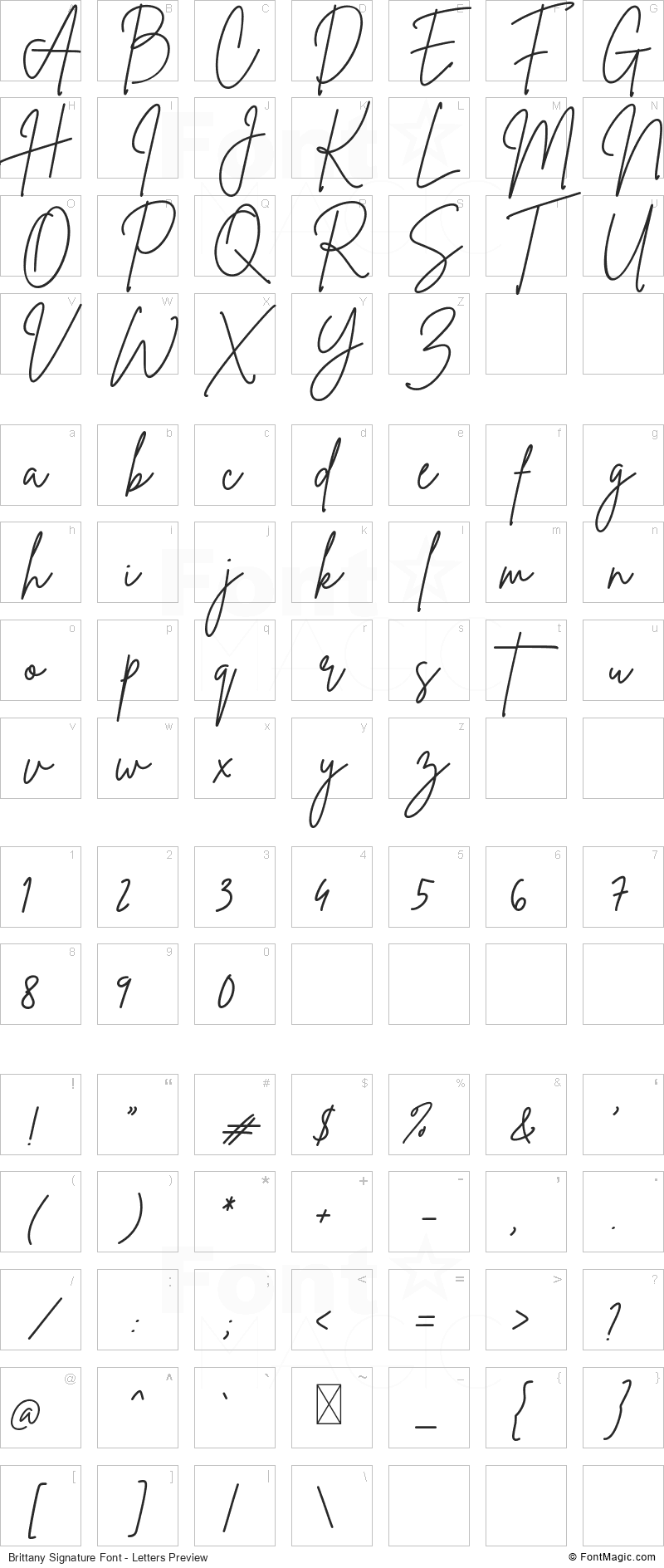 Brittany Signature Font - All Latters Preview Chart