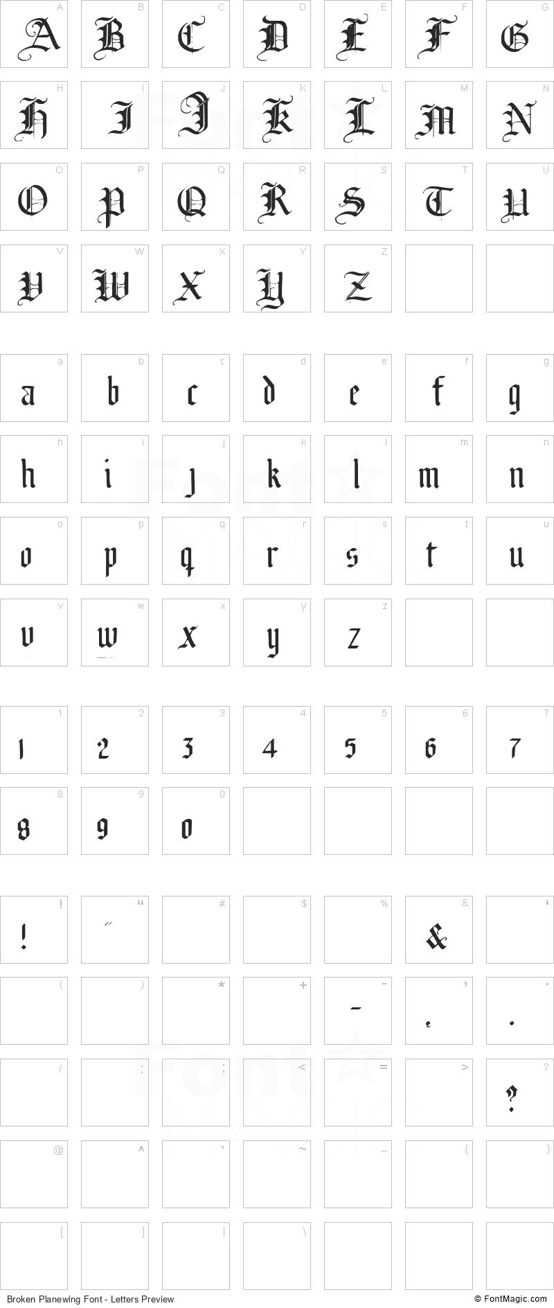 Broken Planewing Font - All Latters Preview Chart