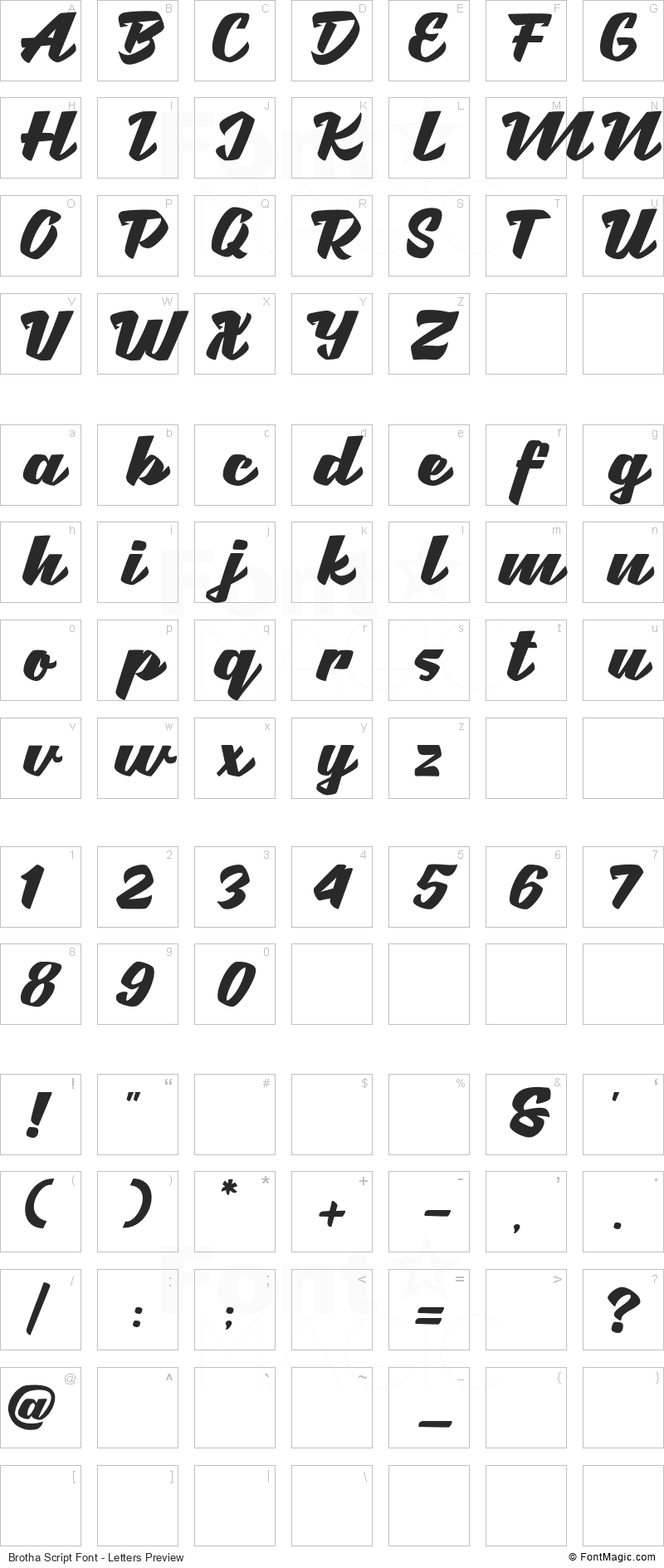 Brotha Script Font - All Latters Preview Chart