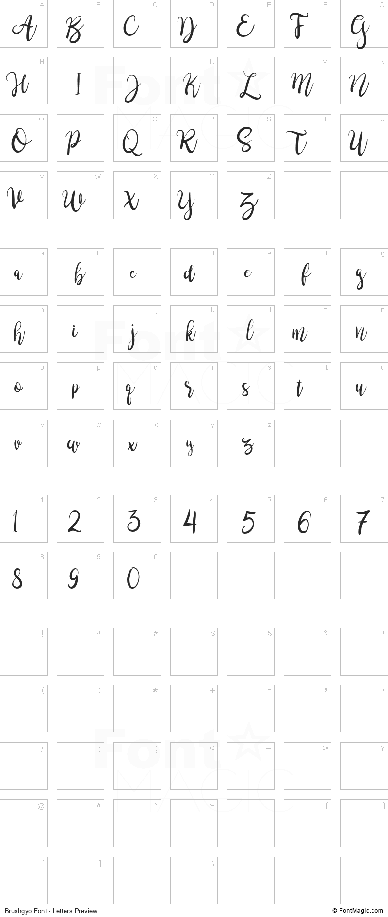 Brushgyo Font - All Latters Preview Chart