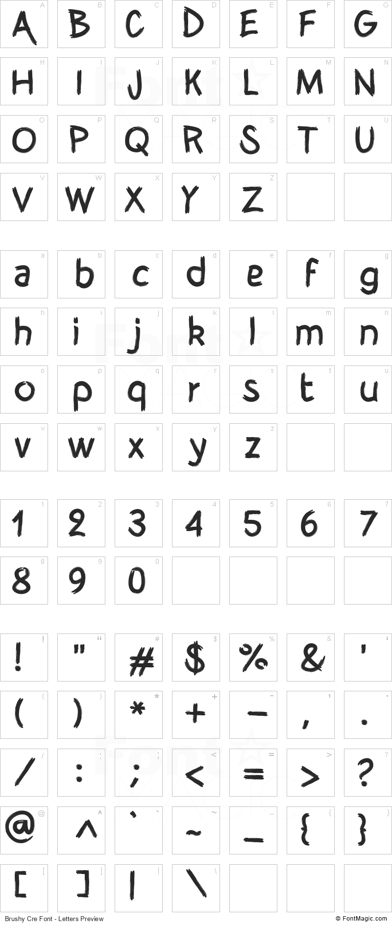 Brushy Cre Font - All Latters Preview Chart