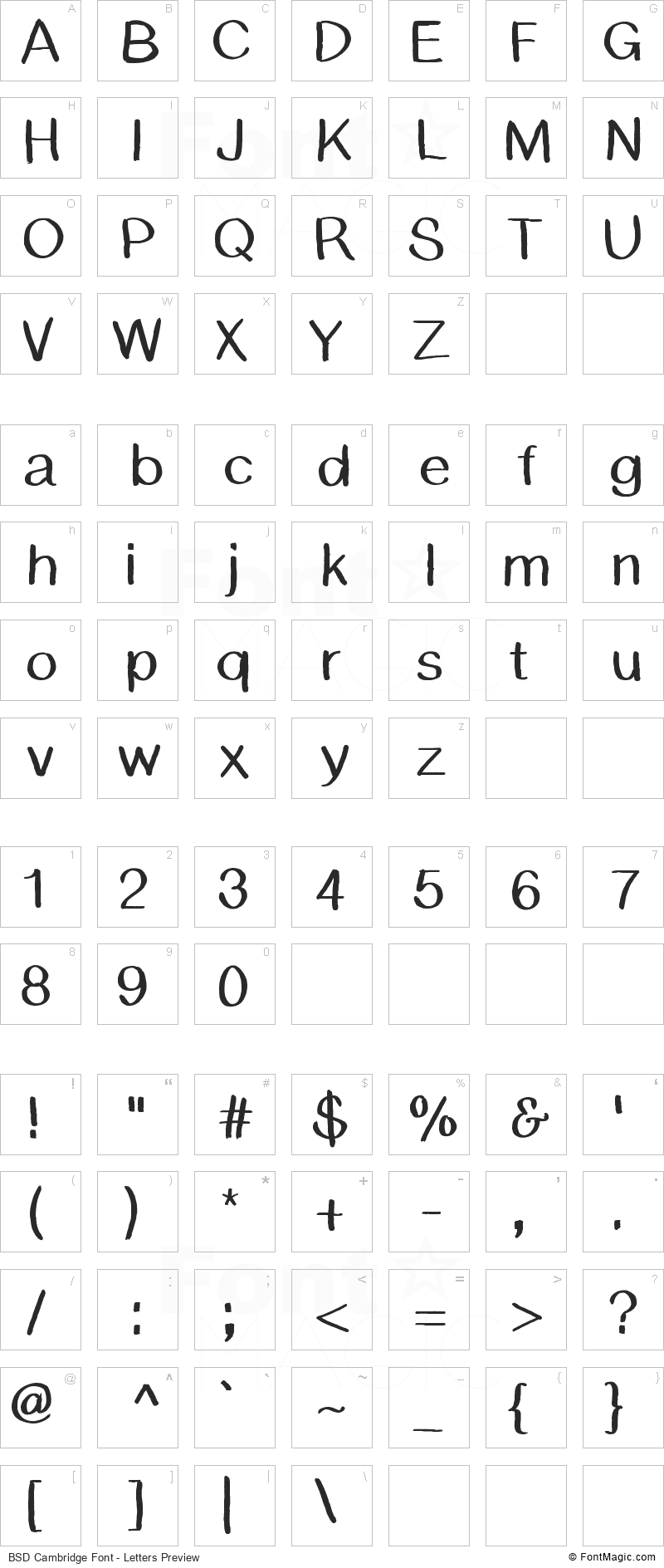 BSD Cambridge Font - All Latters Preview Chart