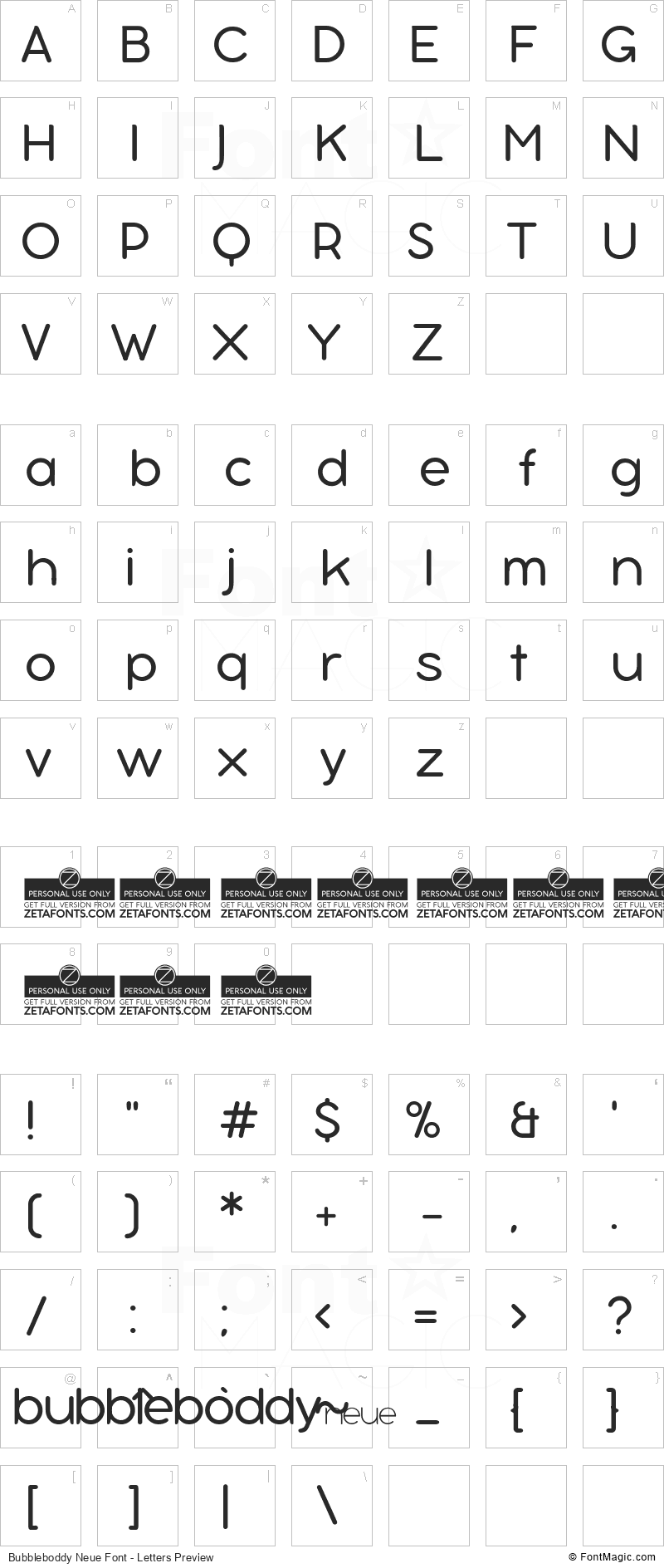 Bubbleboddy Neue Font - All Latters Preview Chart