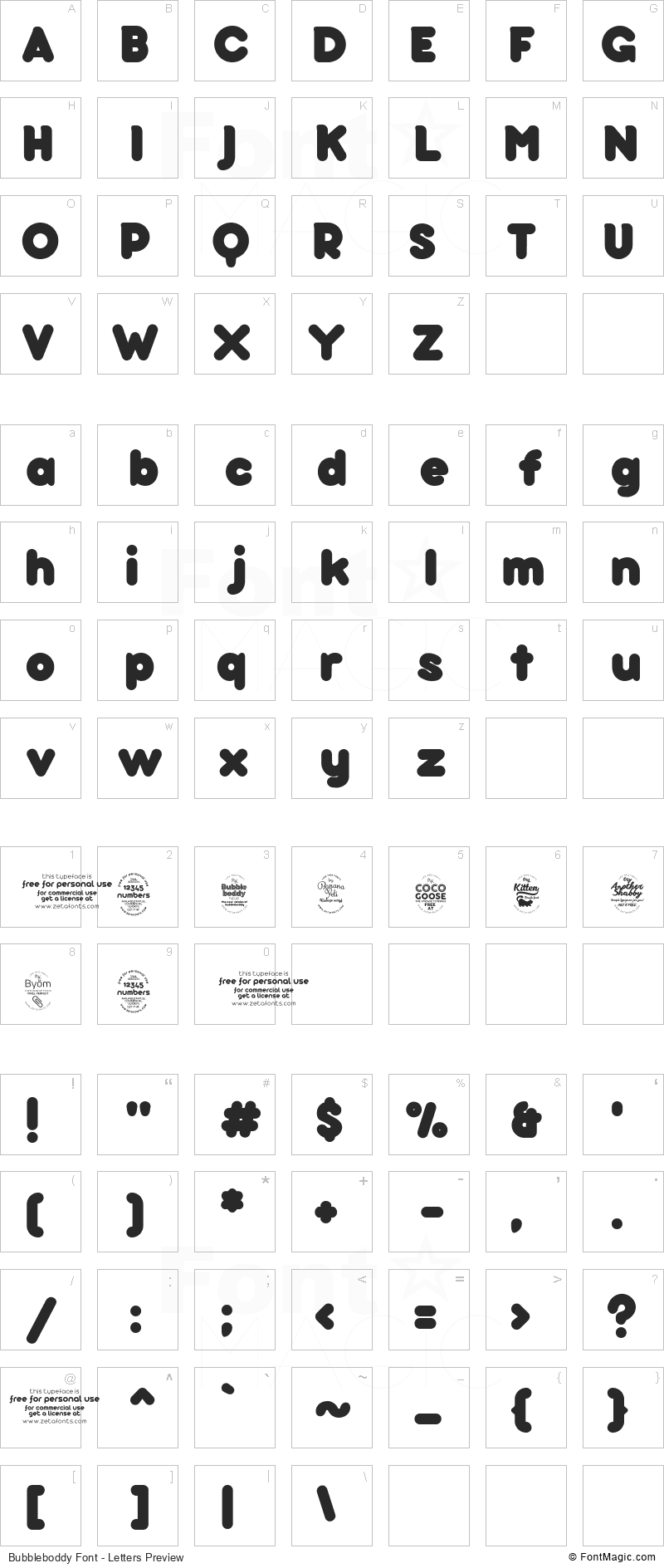 Bubbleboddy Font - All Latters Preview Chart
